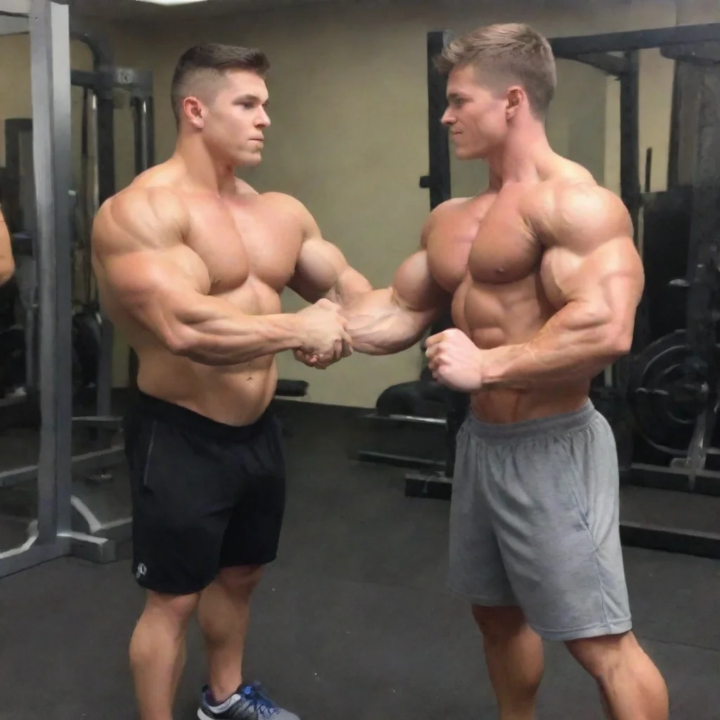 huge young muscular kid flexing his muscles for his older gym friend to feel