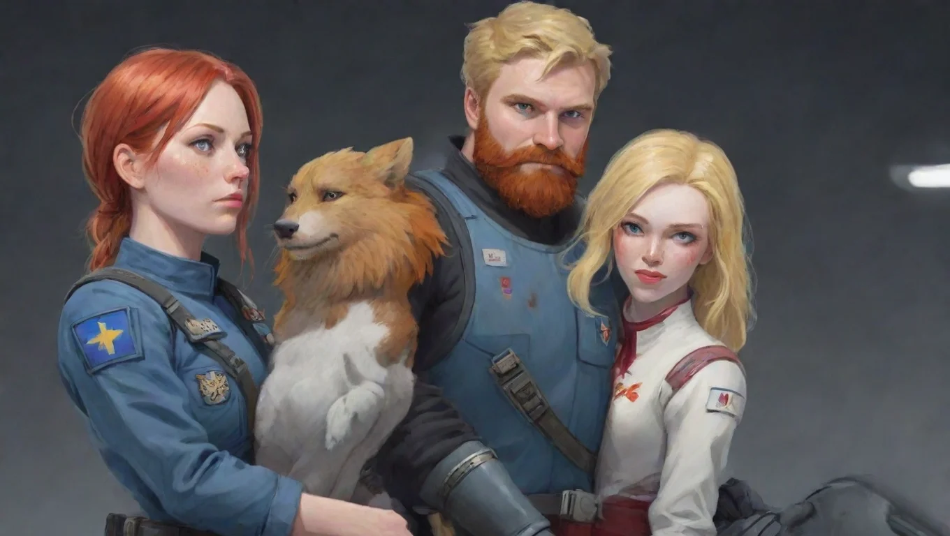 human blonde bearded man swedish space soldier holding a bloody female anthro furry tomboy redhead woman cartoon widescreen