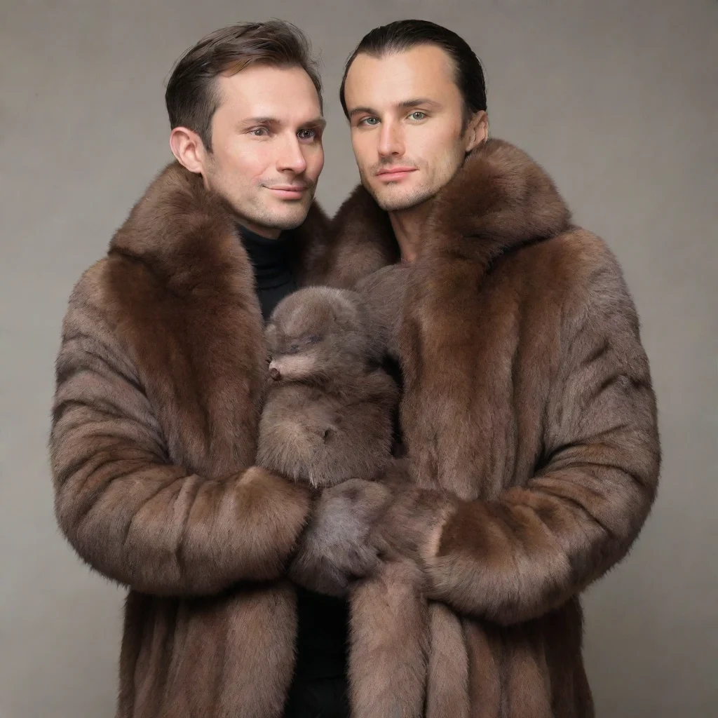human male smothered in wrappings of realistic mink fur while a pair of minks hold him 