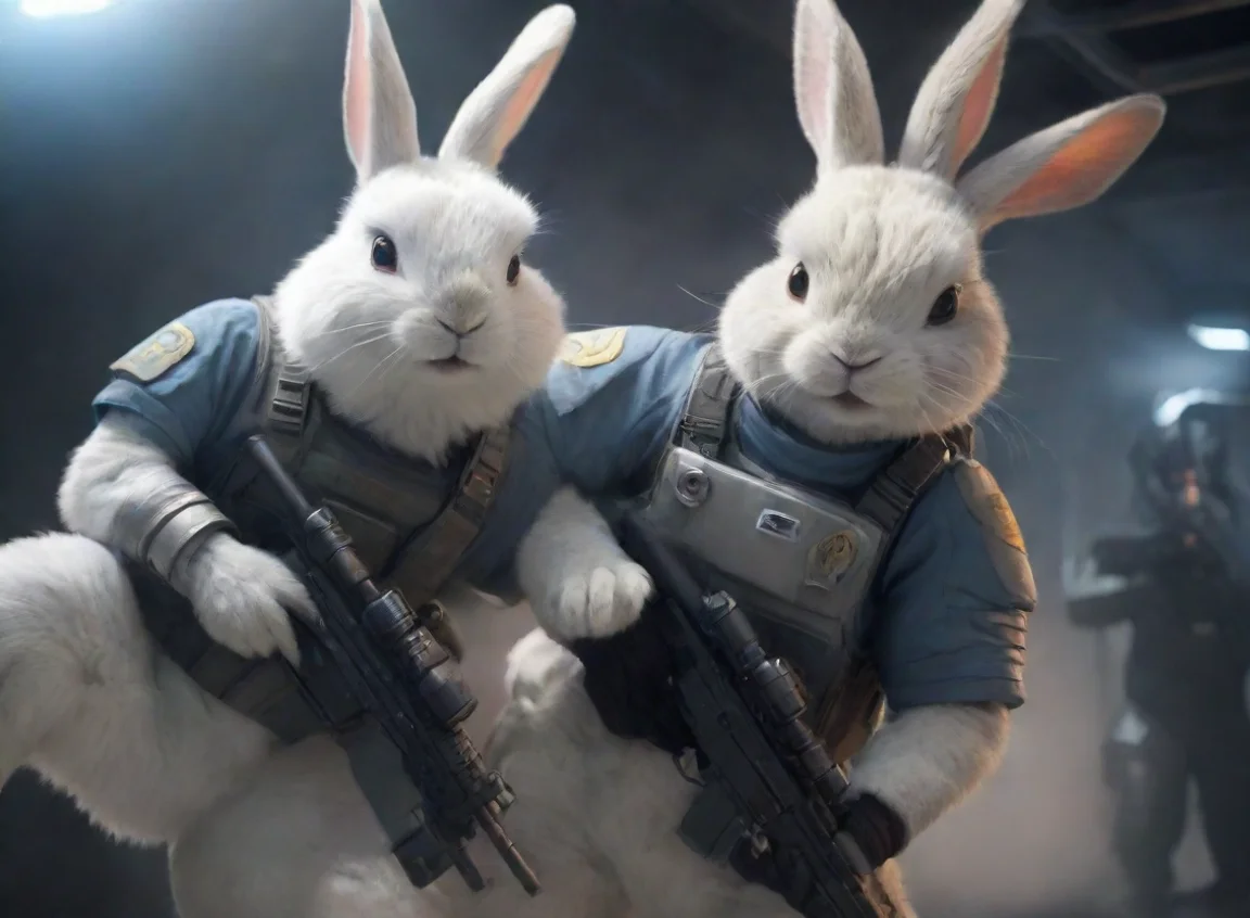 human swedish space soldier fighting alongside anthro furry rabbit sci fi space warzone hd landscape43