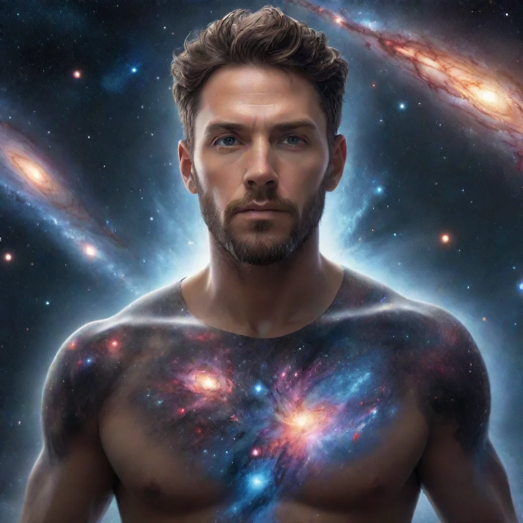 aihyperrealistic man in universe with galaxies and intense elemental life