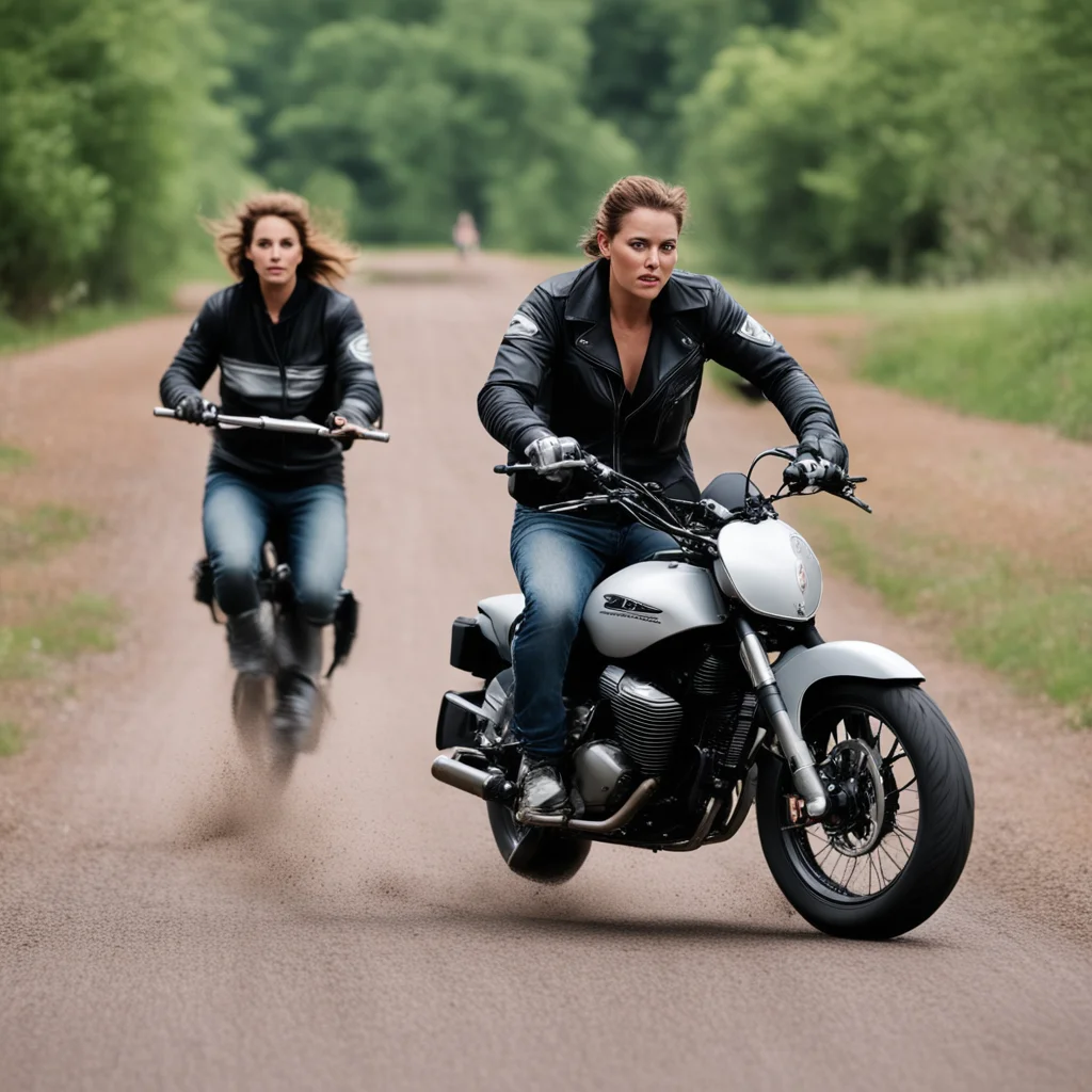aiimage of a biker on a gs 1250 motorcycle riding behind a woman on the ground with a baseball bat running after the motorcycle driver