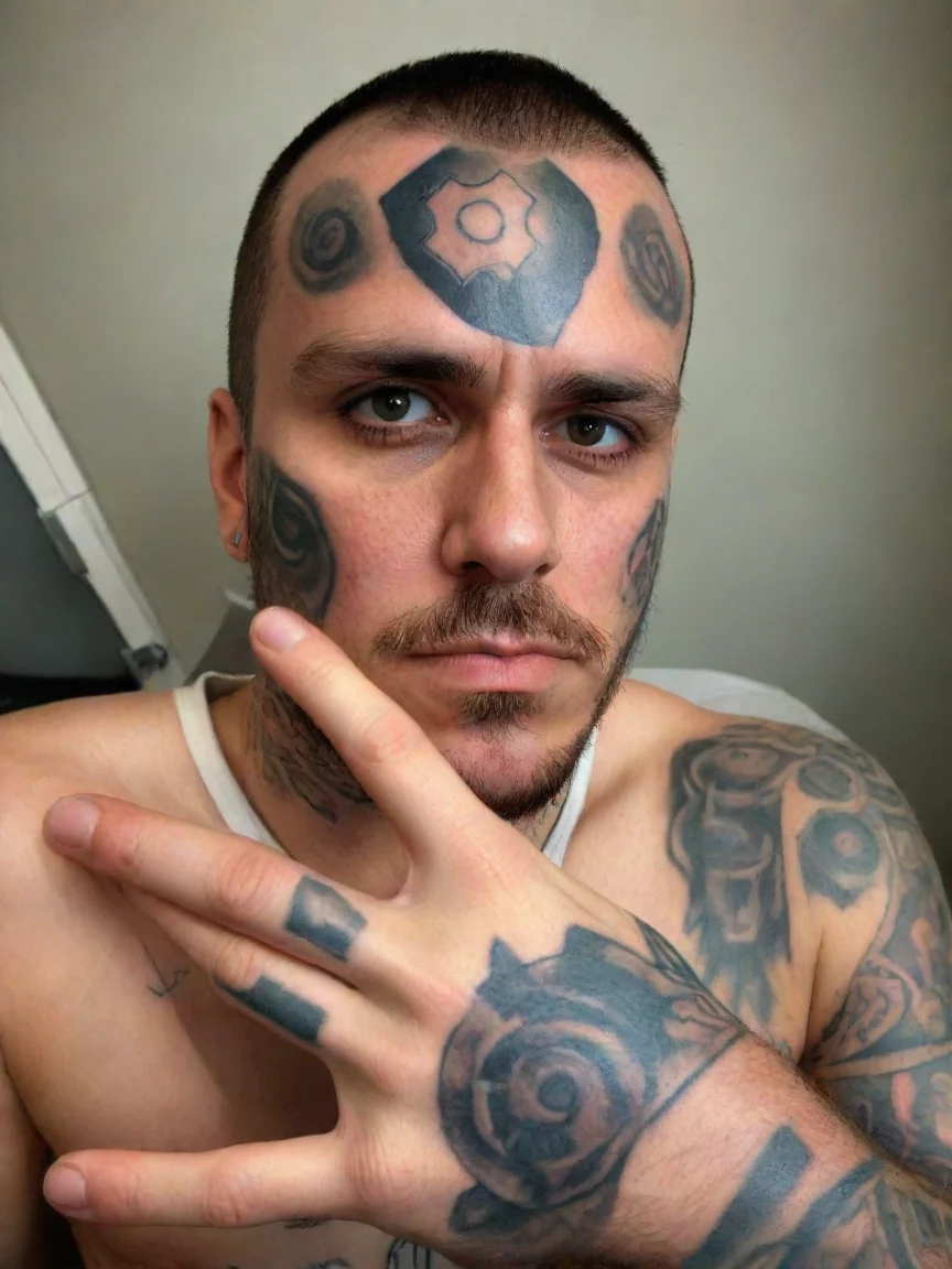 aiin the style of Crazy gangster going with tattoos tattoo on forehead of a cog icon epic gangster realistic wow artistic style 1