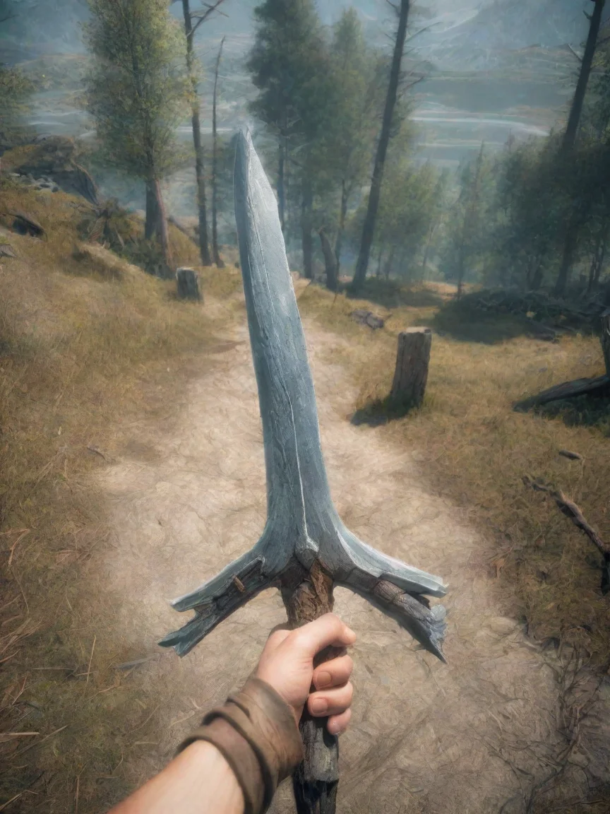 aiin the style of Hand holding sword first person view epic Skyrim game artistic style 1