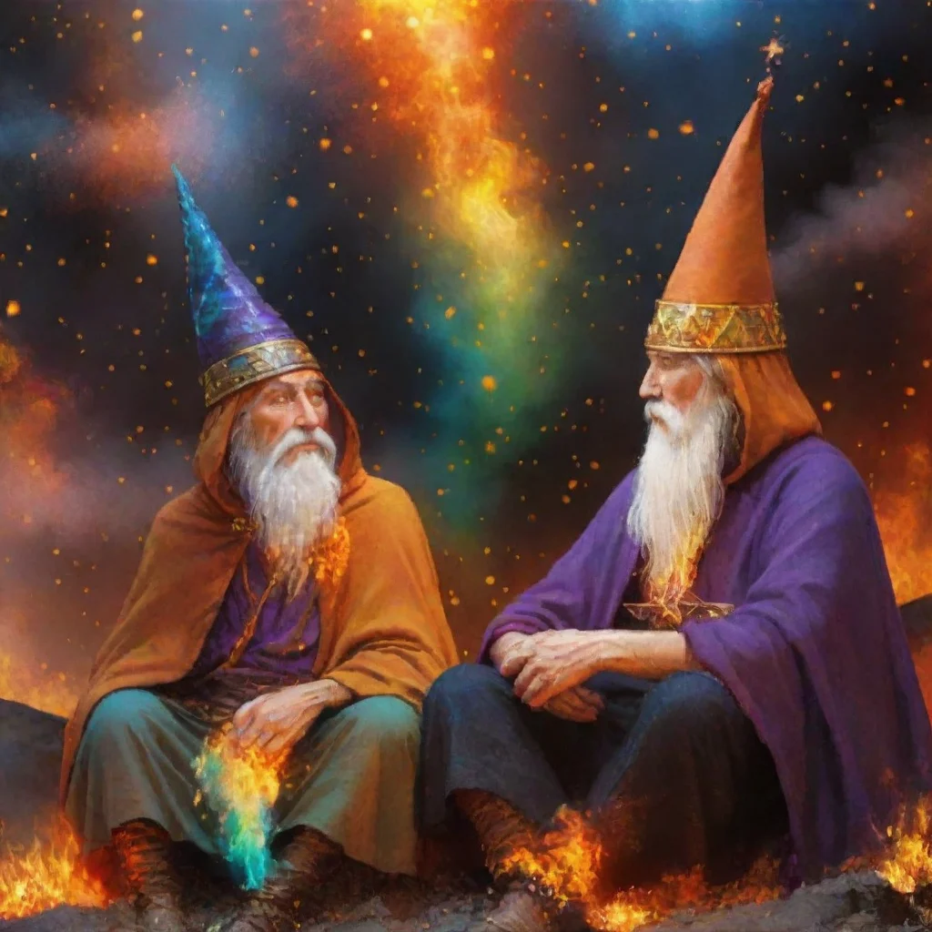 in the style of colorful wizards sitting over magic fire two wizards epic realism colorful world fantasy lovely artistic style 1