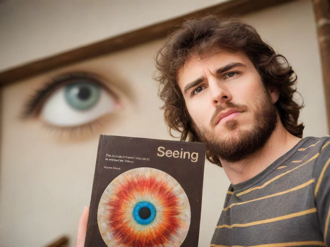 in the style of epic brown hair heroic guy holding a book that has an eye says seeing artistic style 1