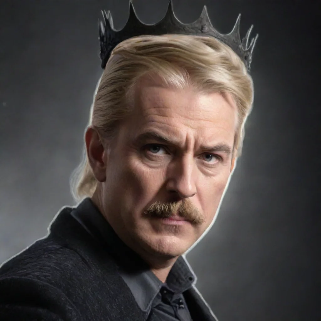 aiin the style of prime agen the mad king on game of thrones throne with dark metalic wave spiked crown long blonde hair and mustache artistic style 1