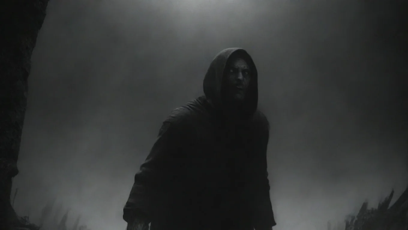 aiin the style of skyrim style scared black and white scared man looking up dark horror vibe noir artistic style 1