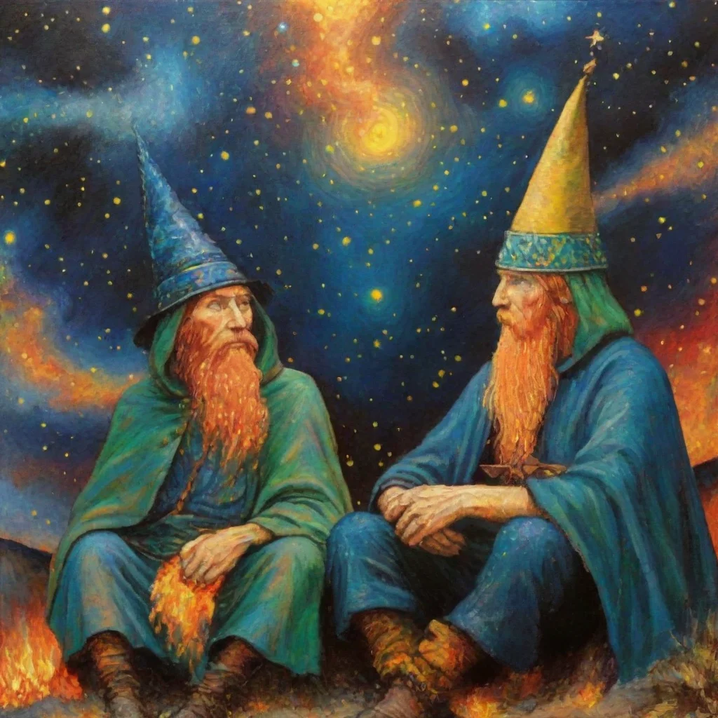 in the style of starry night van gogh colorful wizards sitting over magic fire two wizards epic realism colorful world fantasy lovely artistic style 1