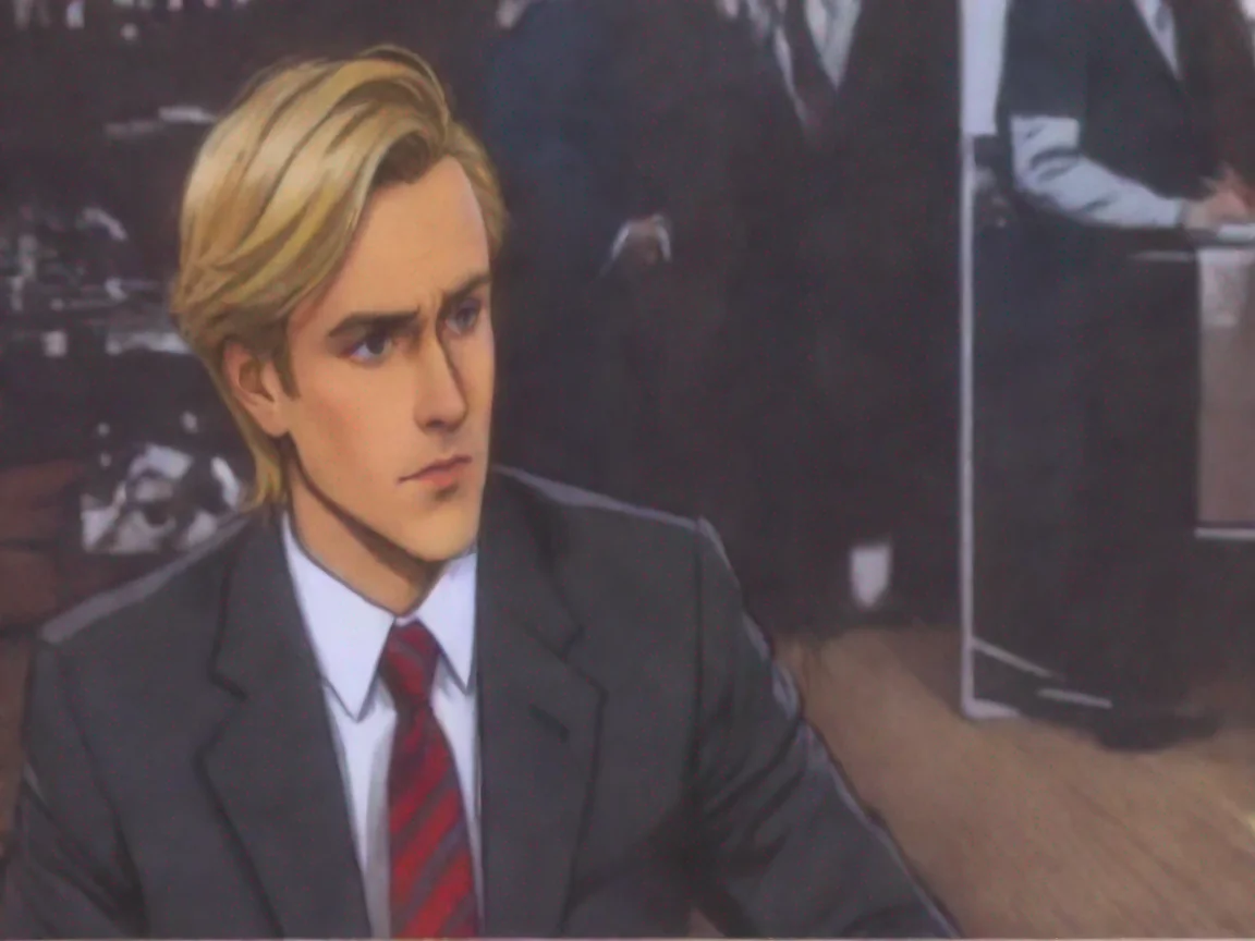 aiin the style of tv interview anime character suit news presenter blonde masculine anime character comic book art stylized dramatic look governer red stipe tie artistic style 1