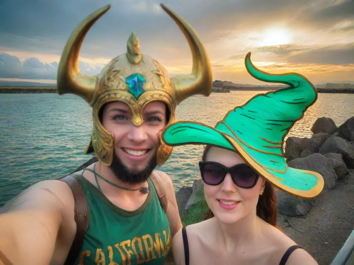 aiin the style of warrior with golden and jewel green horned helm rohan warrior with mage witch beautiful female wizard selfie by the water epic stylize colorful best artistic style 1