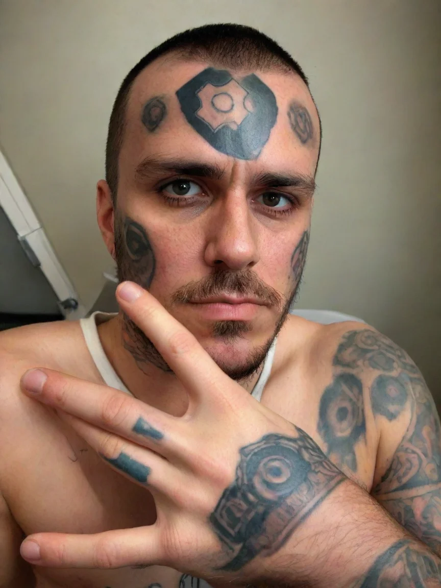 aiinspired by Crazy gangster going with tattoos tattoo on forehead of a cog icon epic gangster realistic wow masterpiece rendition 2