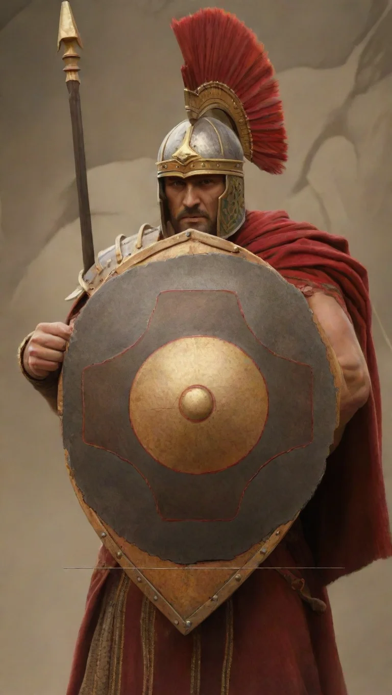 aiinspired by phalanx single warrior portrait showing shield center on strong warrior macedonian simple shield pattern masterpiece rendition 2