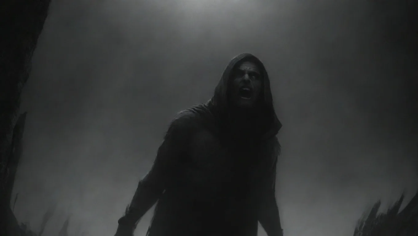 aiinspired by skyrim style scared black and white scared man looking up dark horror vibe noir masterpiece rendition 2
