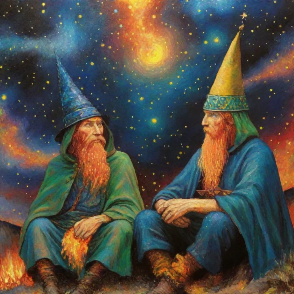 aiinspired by starry night van gogh colorful wizards sitting over magic fire two wizards epic realism colorful world fantasy lovely masterpiece rendition 2