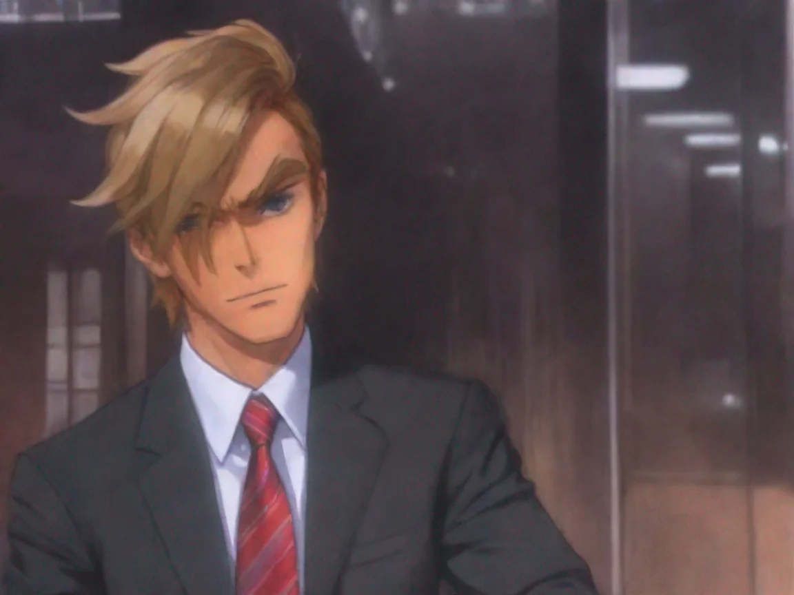 aiinspired by tv interview anime character suit news presenter blonde masculine anime character comic book art stylized dramatic look governer red stipe tie masterpiece rendition 2