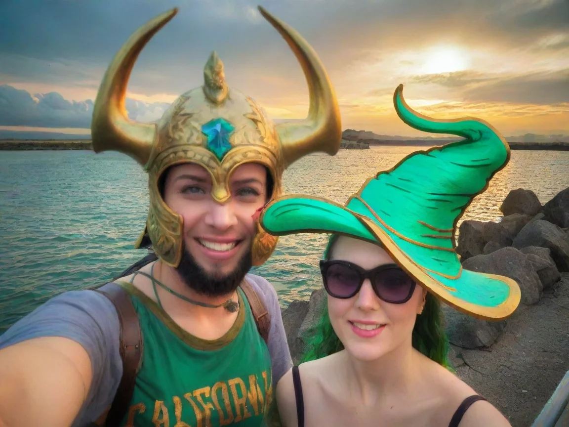 aiinspired by warrior with golden and jewel green horned helm rohan warrior with mage witch beautiful female wizard selfie by the water epic stylize colorful best masterpiece rendition 2