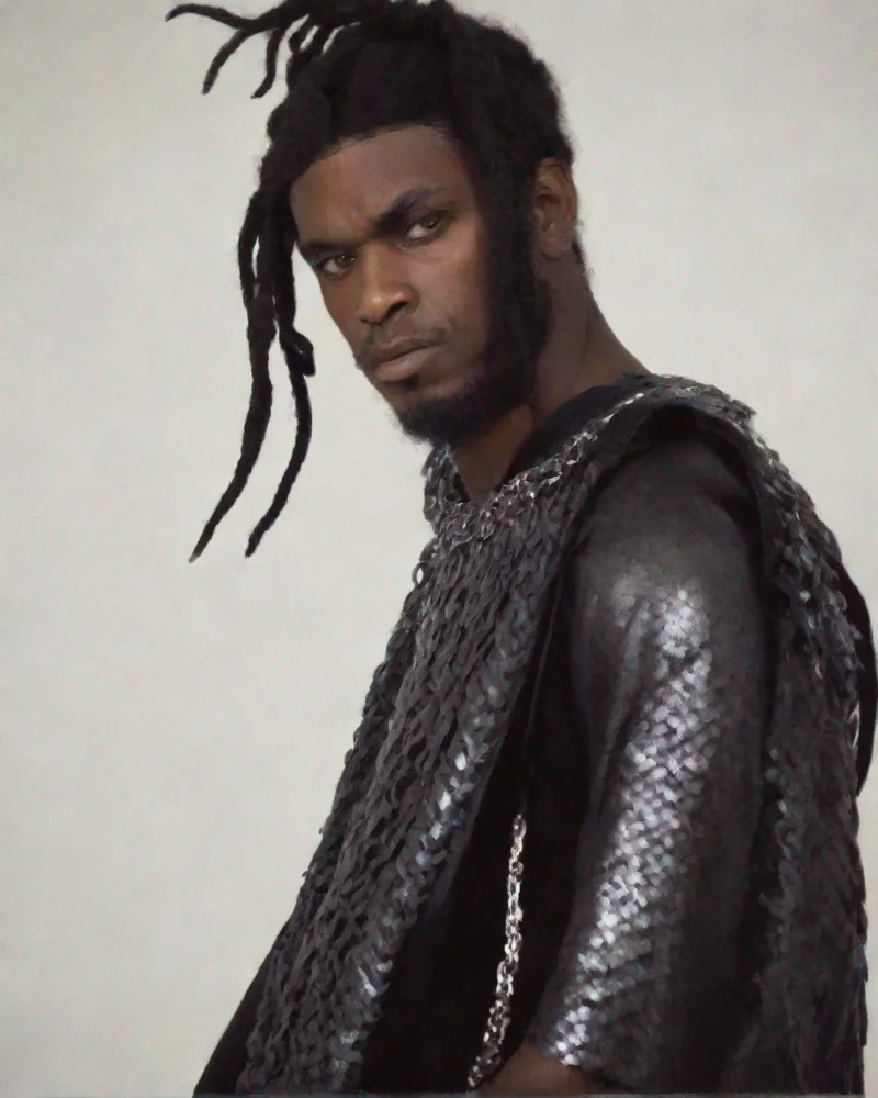 aijamaican man wearing chainmail coiffe in hellscape