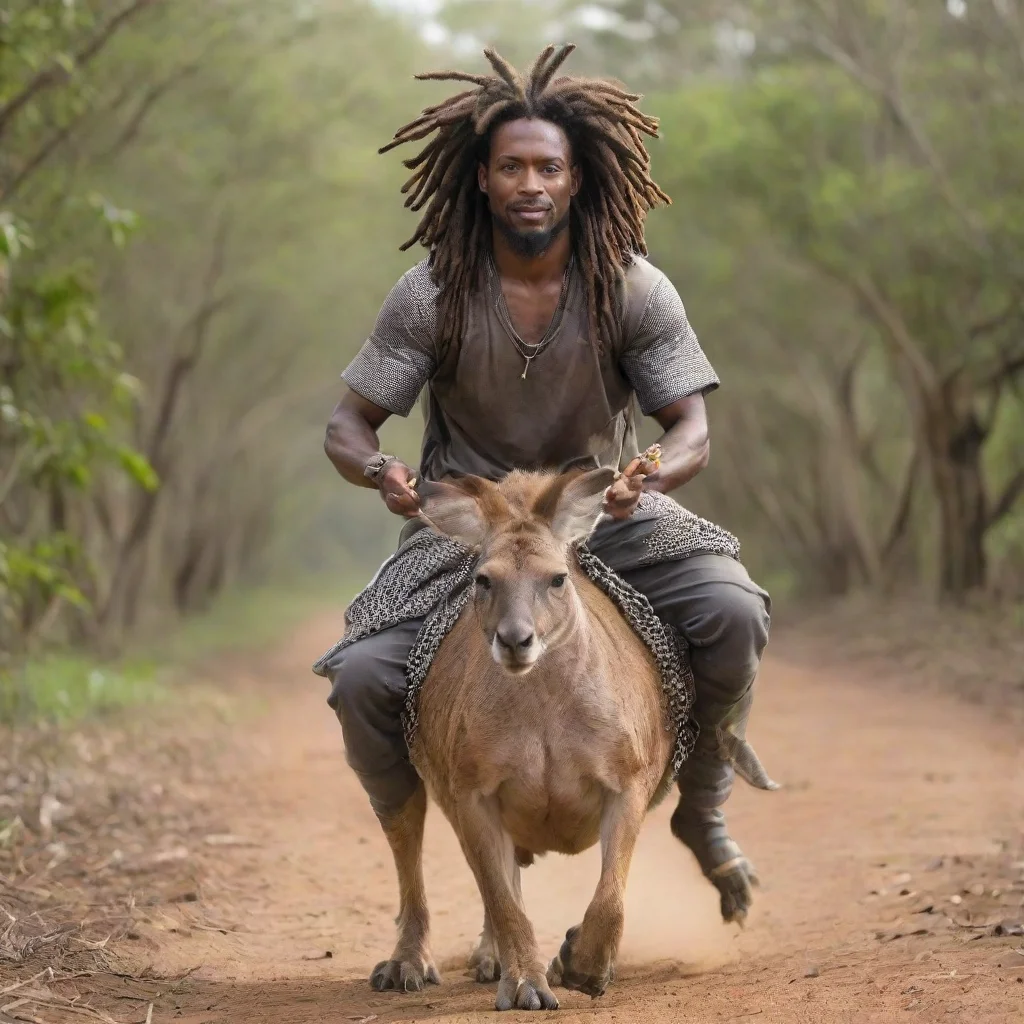 aijamaicanman with dreadlocks and chainmail riding a kangaroo