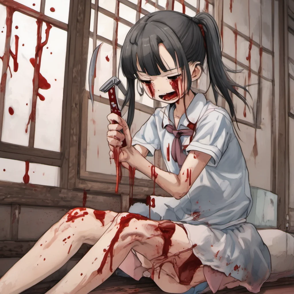 aijapanese school girl holding a razor while crying and blood on her