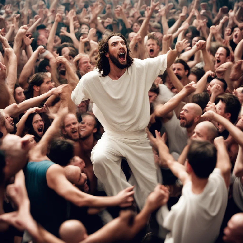 aijesus jumping into a mosh pit confident engaging wow artstation art 3