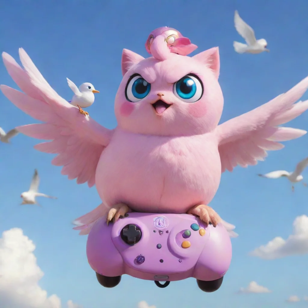 aijigglypuff riding a seagull with a gamecube controller