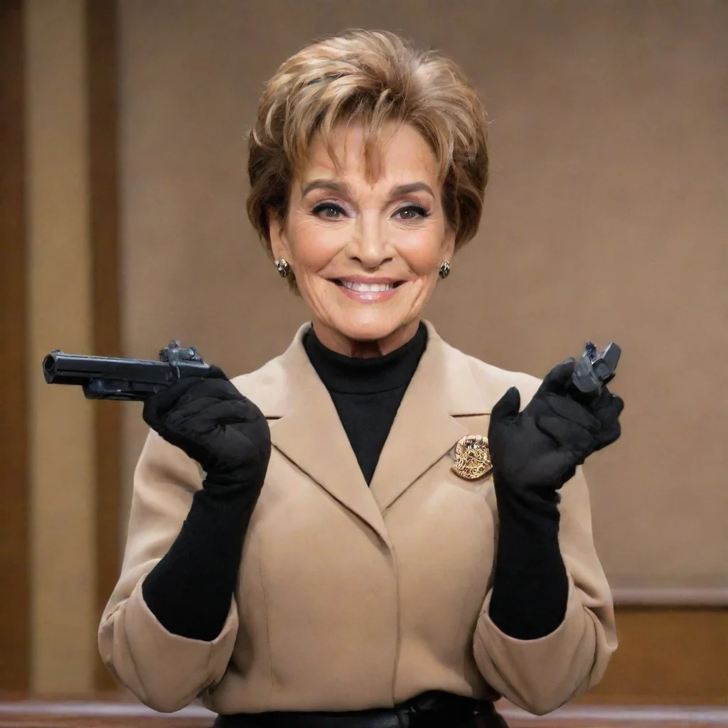 aijudge judy smiling with black gloves and gun 