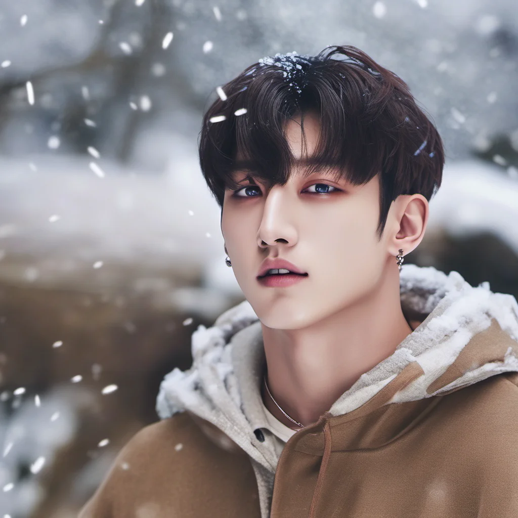 jungkook with snow crystals on his hair looks straight with blue eyes