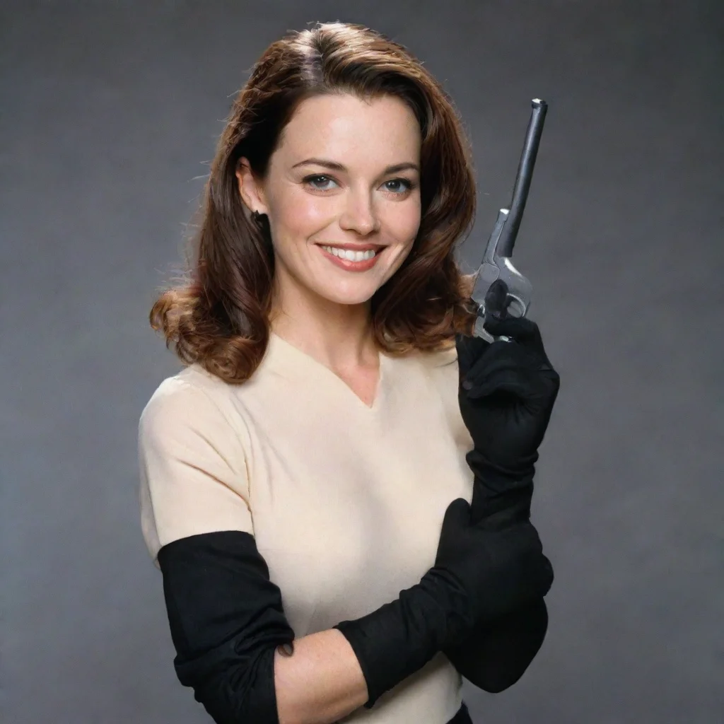 katherine norland actress smiling with black gloves and  gun 
