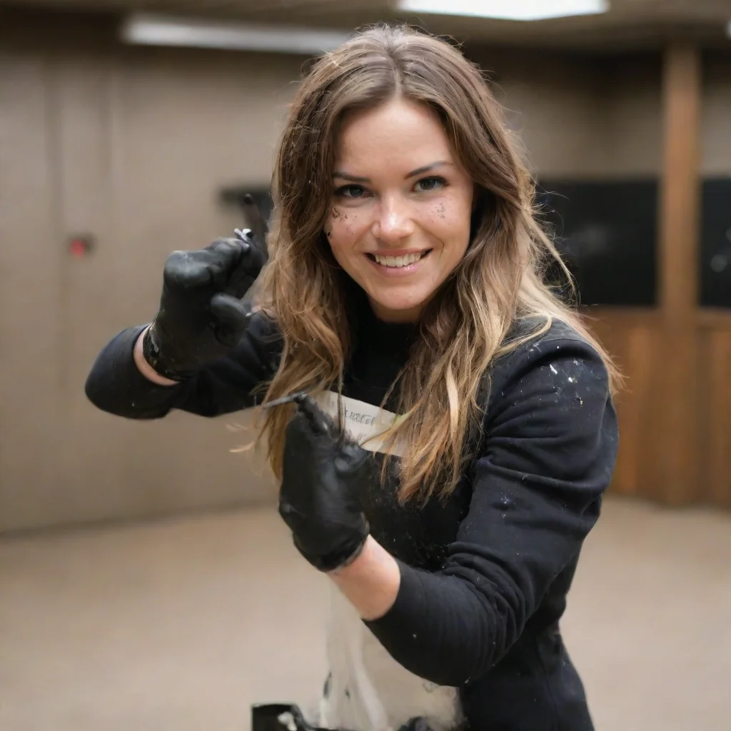katherine norland smiling with black gloves and  gun shooting and splattering mayonnaise everywhere at a shooting range