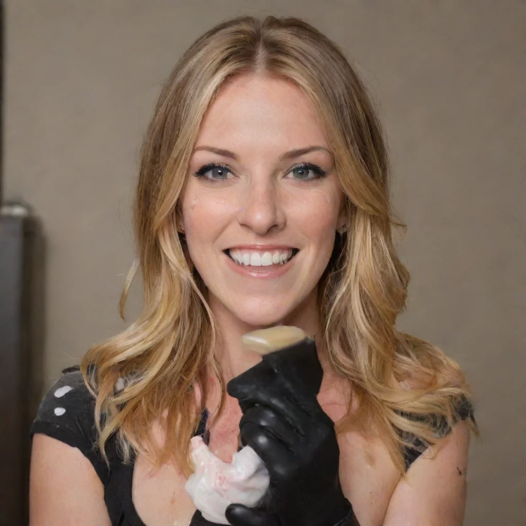 kimberly ann scott smiling  with black nitrile gloves and gun and mayonnaise splattered everywhere