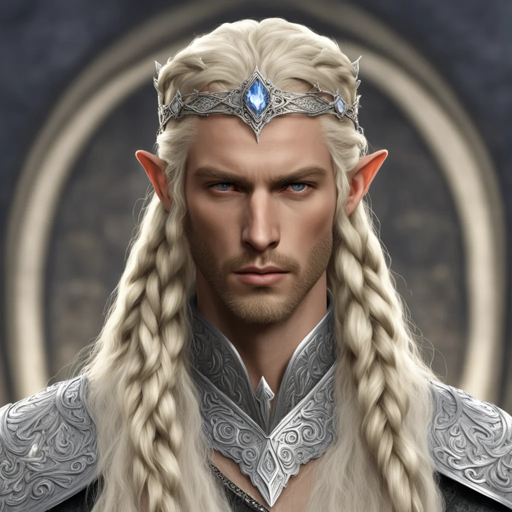 king amdir with blond hair and braids wearing silver sindarin elvish circlet with large center diamond  good looking trending fantastic 1
