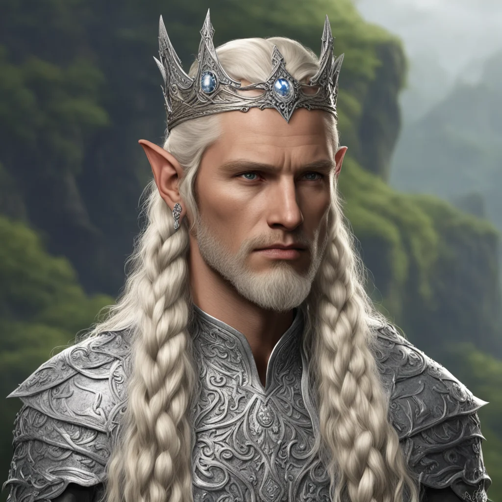 king amdir with blond hair and braids wearing silver sindarin elvish circlet with large center diamond 