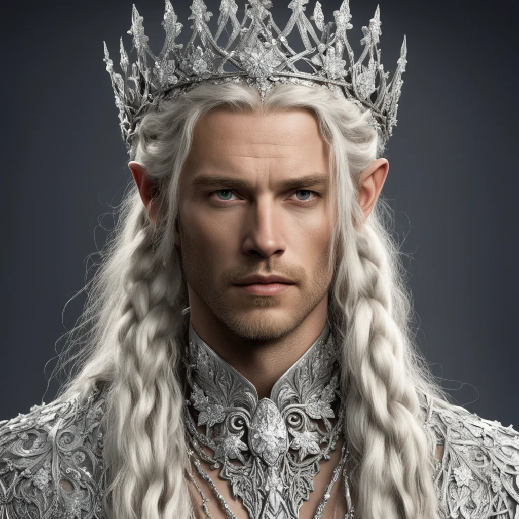 king amdir with blond hair and braids wearing silver vines encrusted with diamonds with silver flowers encrusted with diamonds forming a silver elvish circlet with large center diamond