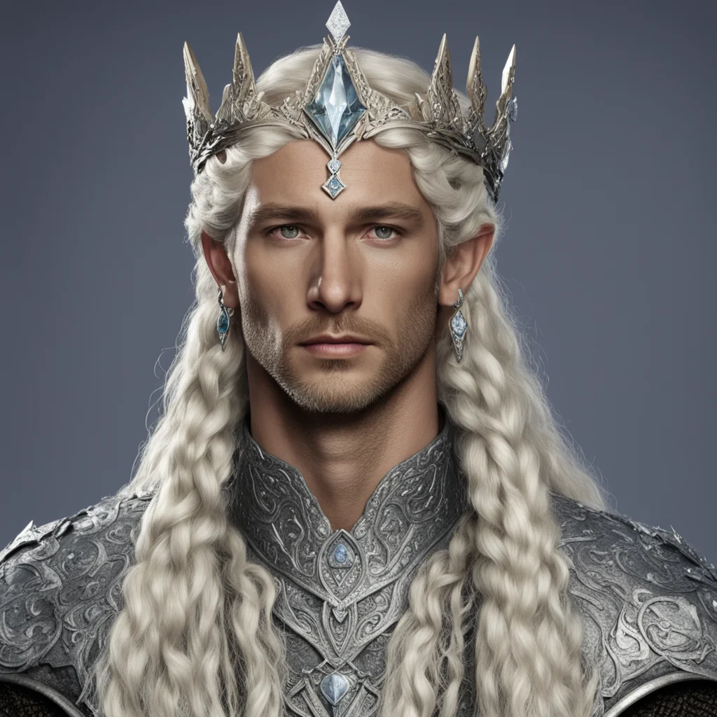 king amdir with blond hair with braids wearing silver serpentine elvish circlet encrusted with diamonds good looking trending fantastic 1