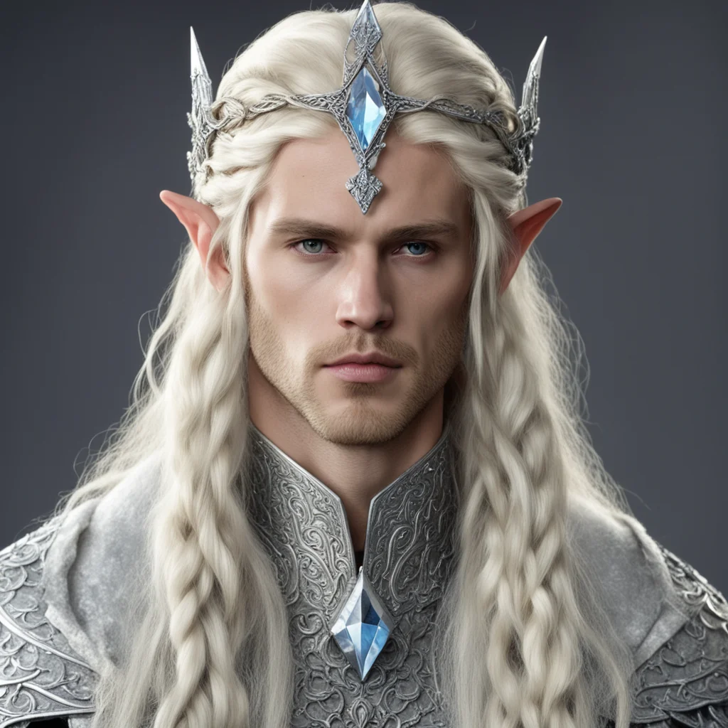 king amroth with blond hair and braids wearing silver serpentine wood elvish circlet encrusted with diamond with large center diamond