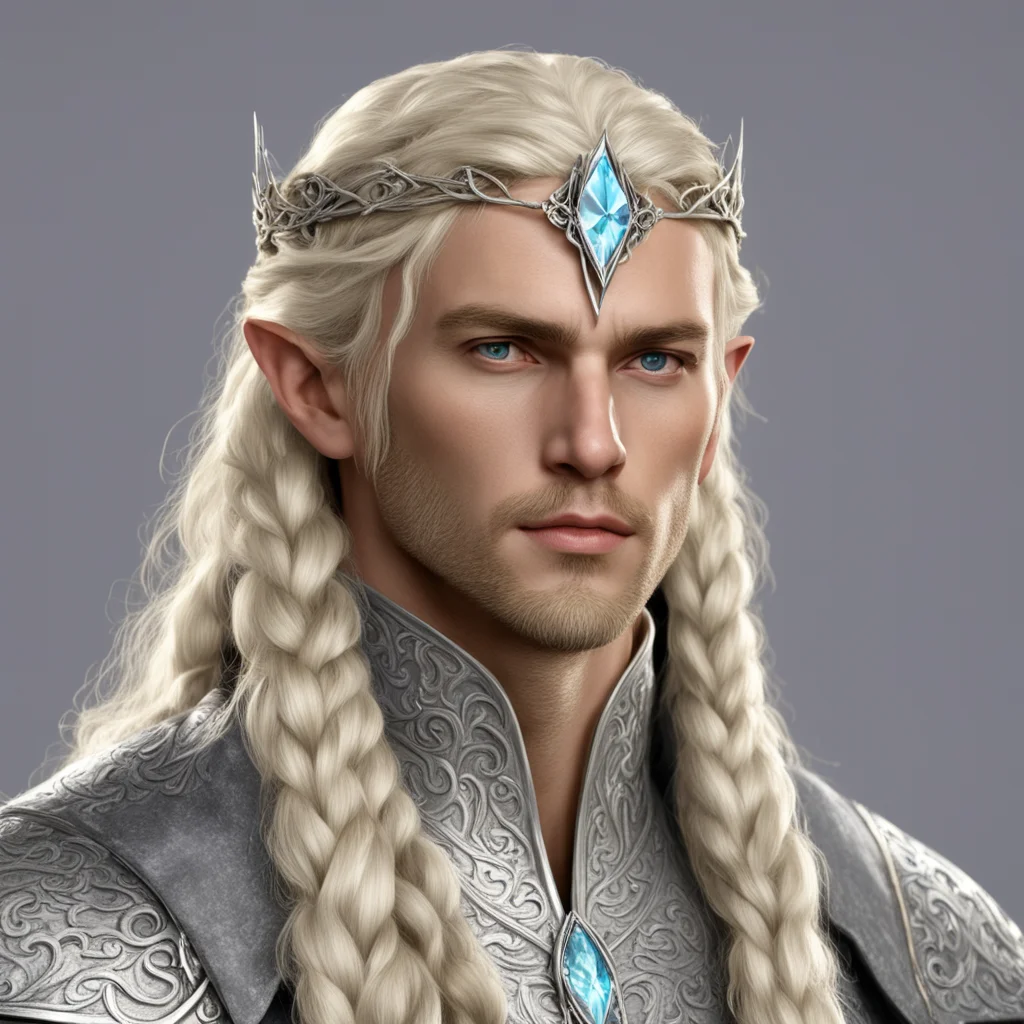 king amroth with blond hair and braids wearing silver sindarin elvish circlet with large diamond confident engaging wow artstation art 3