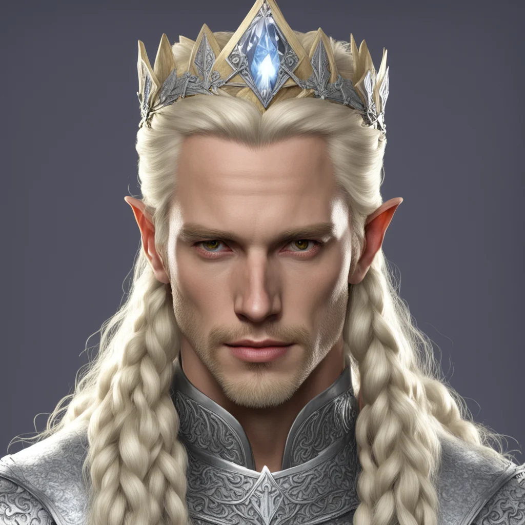 aiking amroth with blond hair and braids wearing silver sindarin elvish circlet with large diamond good looking trending fantastic 1
