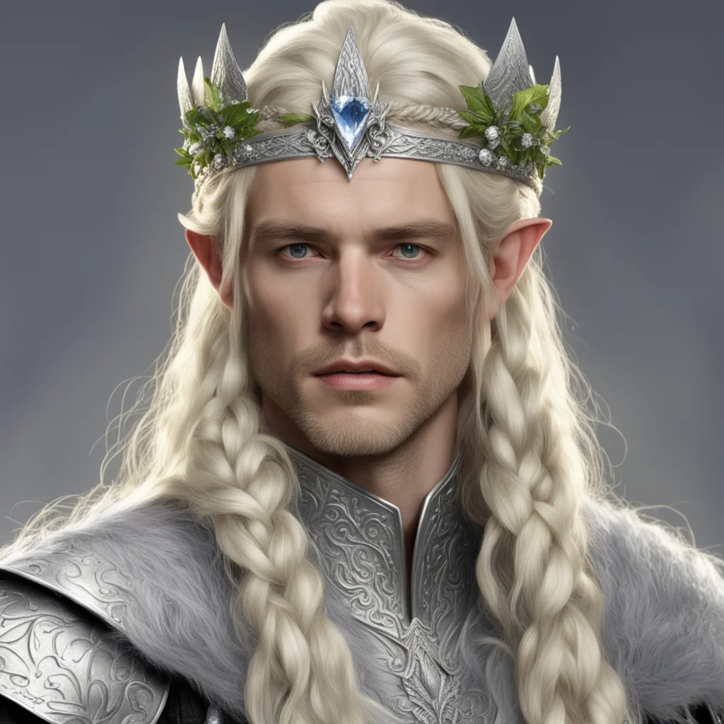 king amroth with blond hair with braids wearing silver elvish circlet of silver holly leaf and diamond berry with large center diamond amazing awesome portrait 2