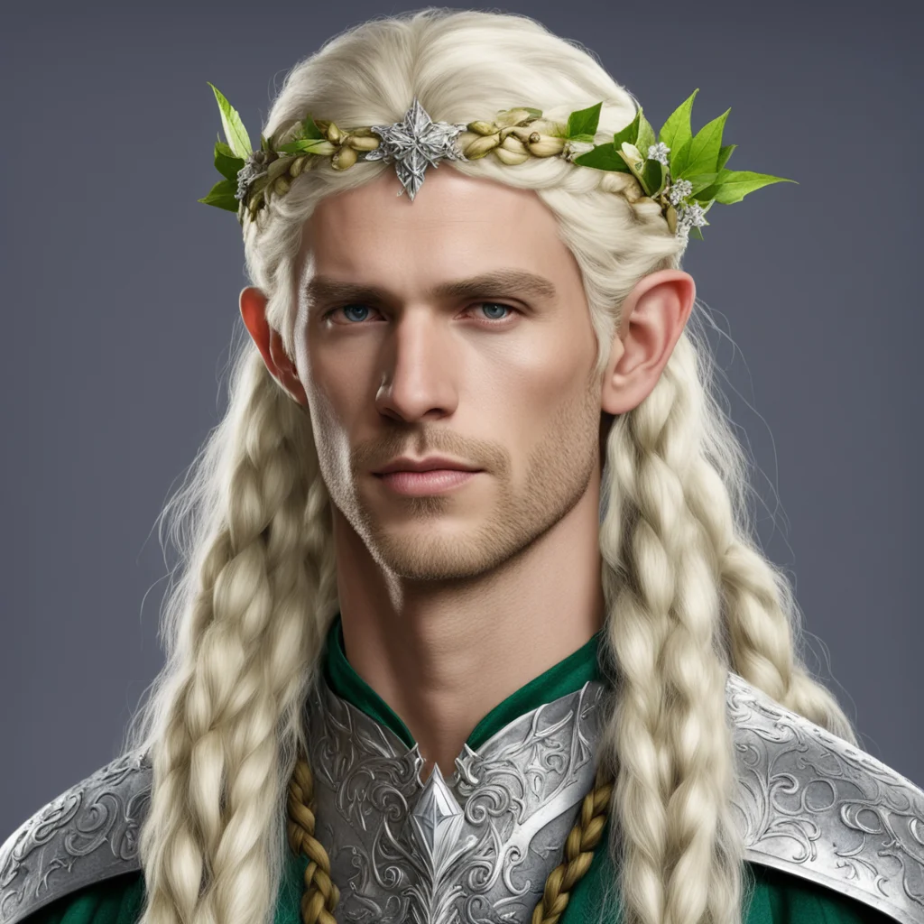 king amroth with blond hair with braids wearing silver holly and diamond berry elvish circlet with large center diamond amazing awesome portrait 2