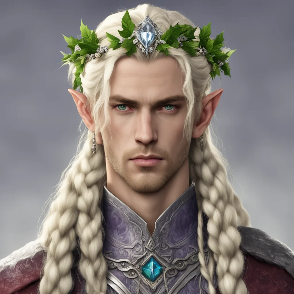 king amroth with blond hair with braids wearing silver holly and diamond berry elvish circlet with large center diamond confident engaging wow artstation art 3