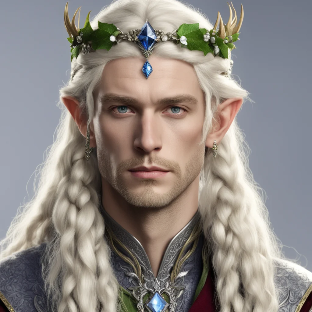 king amroth with blond hair with braids wearing silver holly and diamond berry elvish circlet with large center diamond good looking trending fantastic 1