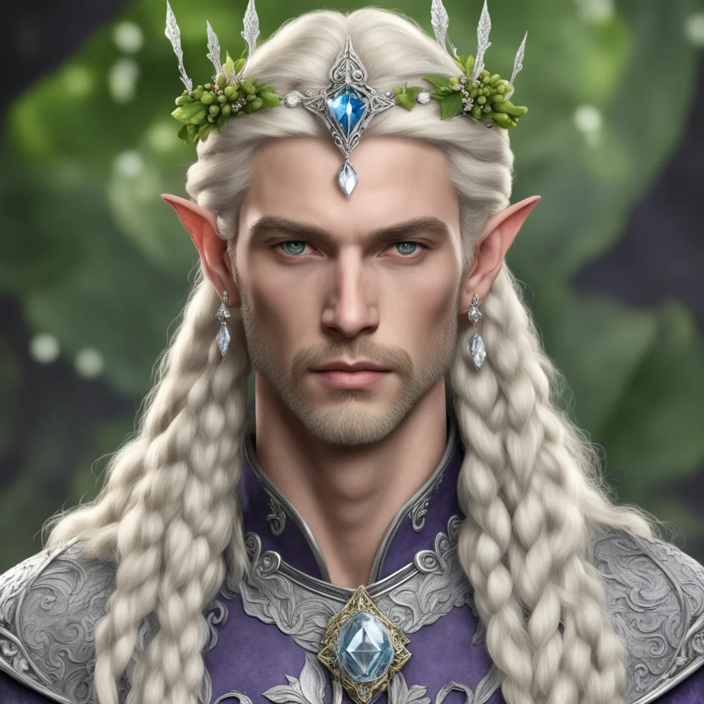 king amroth with blond hair with braids wearing silver holly leaf and diamond berry elvish circlet with large center diamond good looking trending fantastic 1