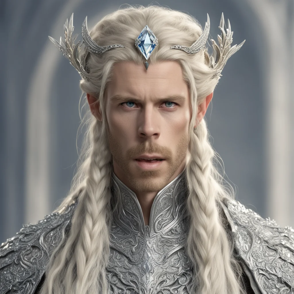 king amroth with blond hair with braids wearing silver serpentine elvish circlet encrusted with diamond with large center diamond  confident engaging wow artstation art 3