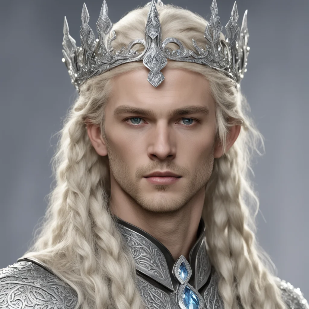 king amroth with blond hair with braids wearing silver serpentine elvish circlet encrusted with diamond with large center diamond  good looking trending fantastic 1