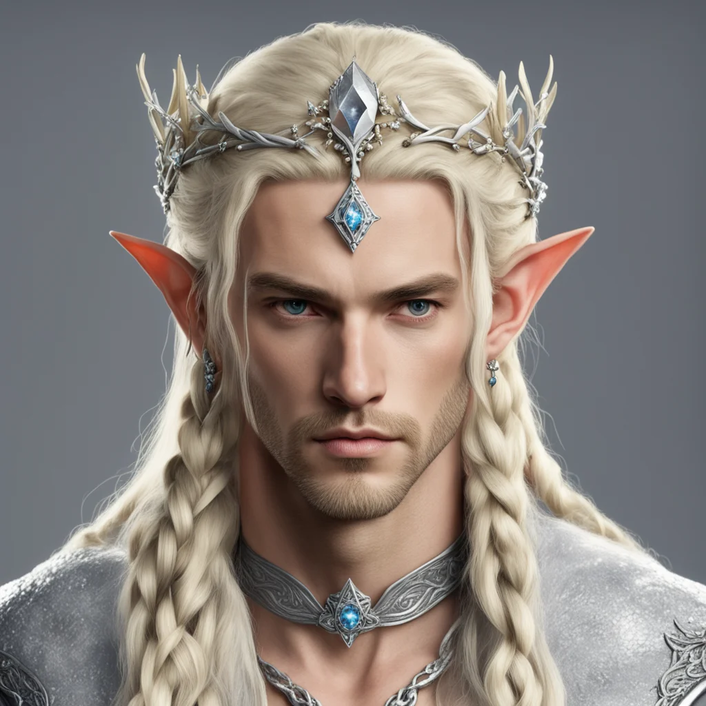 king amroth with blond hair with braids wearing silver twig and diamond berry elvish circlet with large center diamond  confident engaging wow artstation art 3