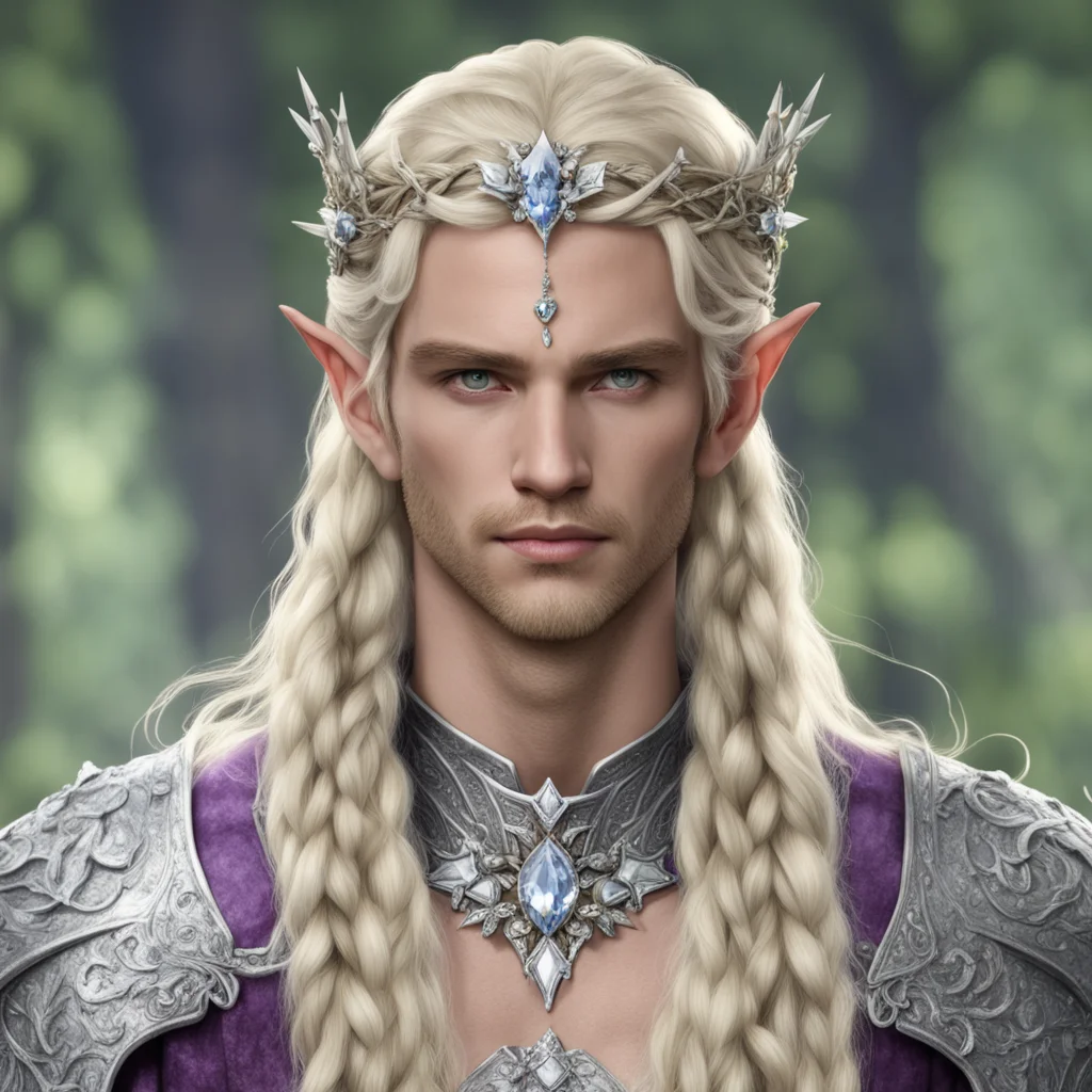 king amroth with blond hair with braids wearing silver twig and diamond berry elvish circlet with large center diamond  good looking trending fantastic 1
