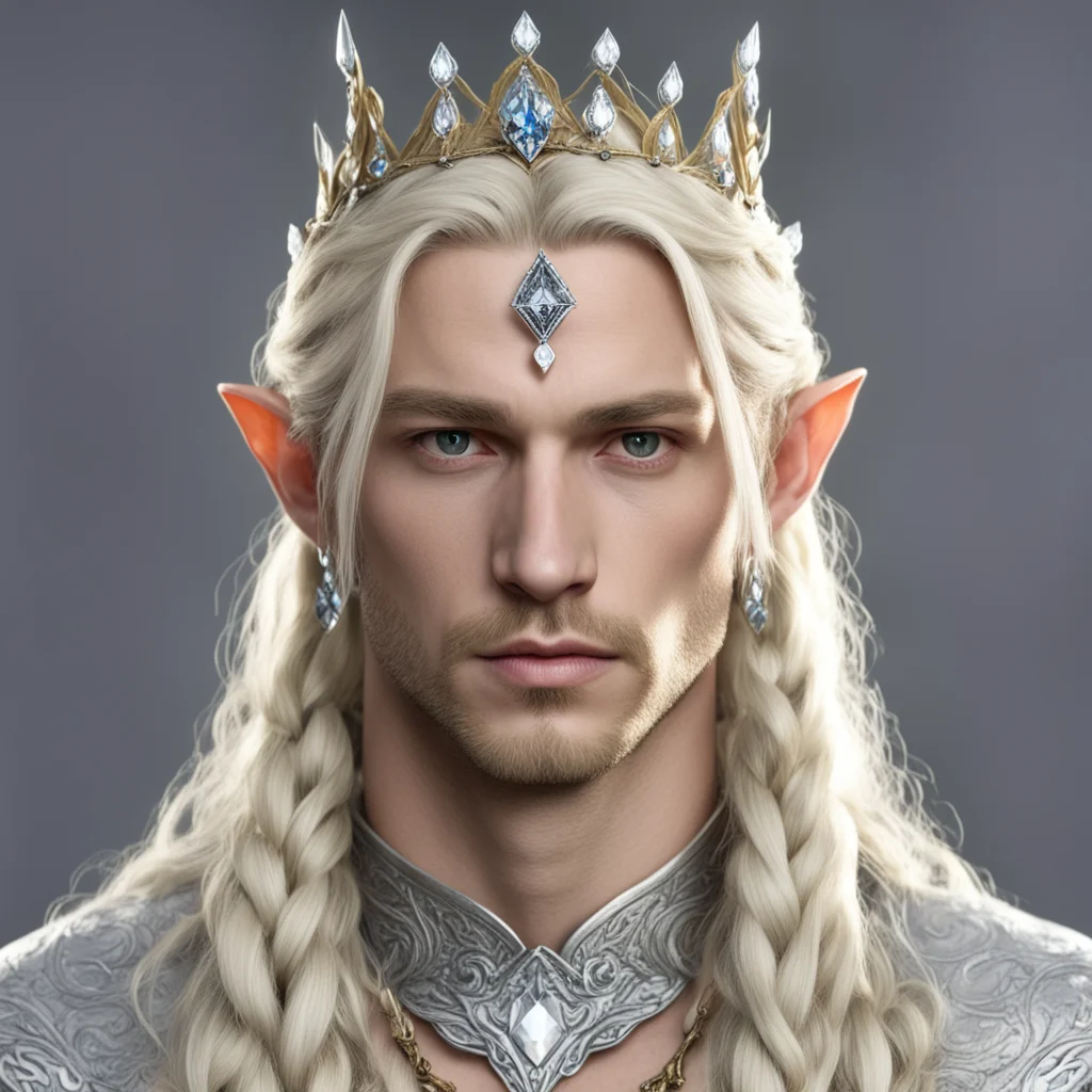 king amroth with blond hair with braids wearing silver twig and diamond berry elvish circlet with large center diamond amazing awesome portrait 2