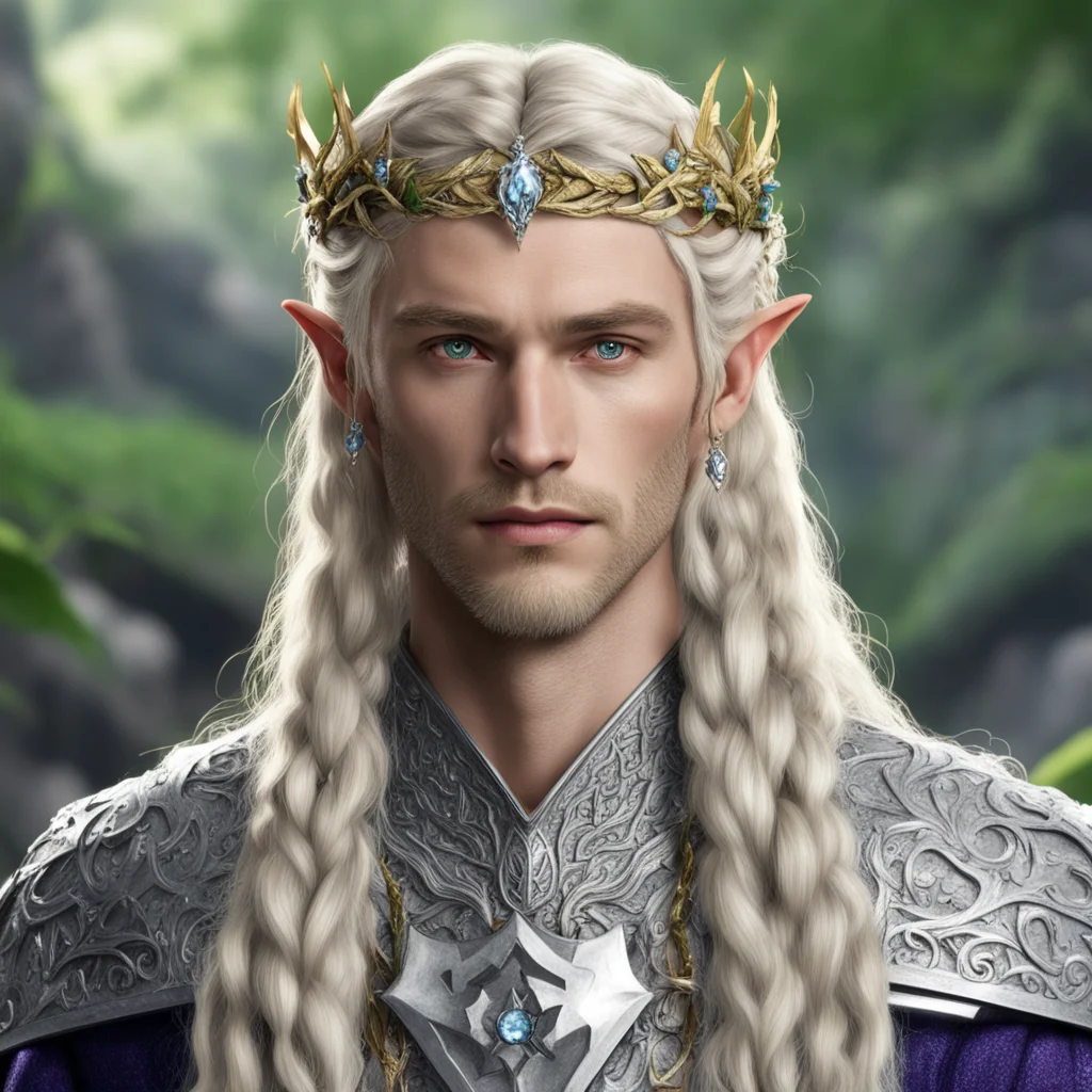 king amroth with blond hair with braids wearing silver twig and diamond berry elvish circlet with large center diamond good looking trending fantastic 1