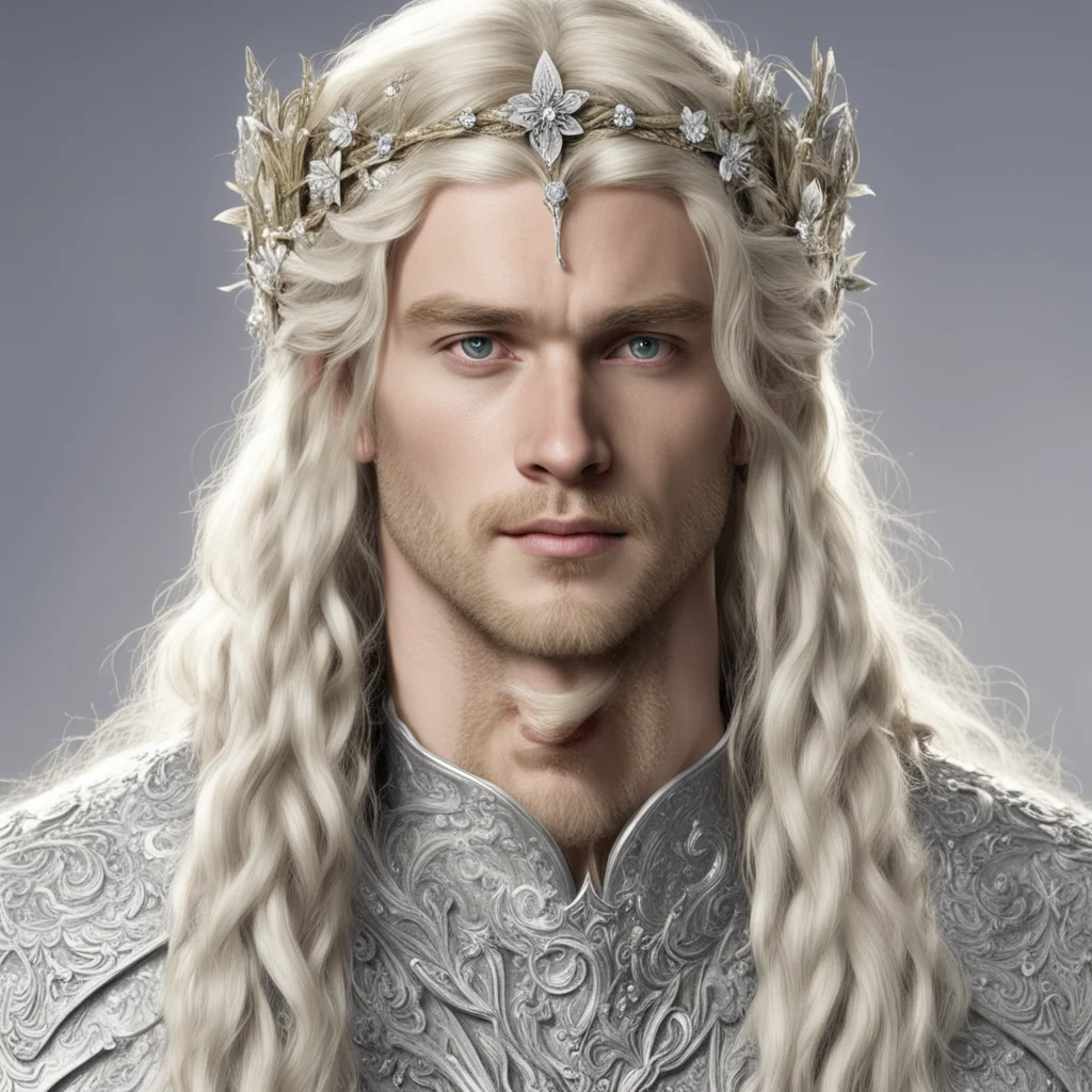 king finrod with blond hair and braids wearing silver flowers encrusted with diamonds forming a small silver elvish circlet with large center diamond amazing awesome portrait 2